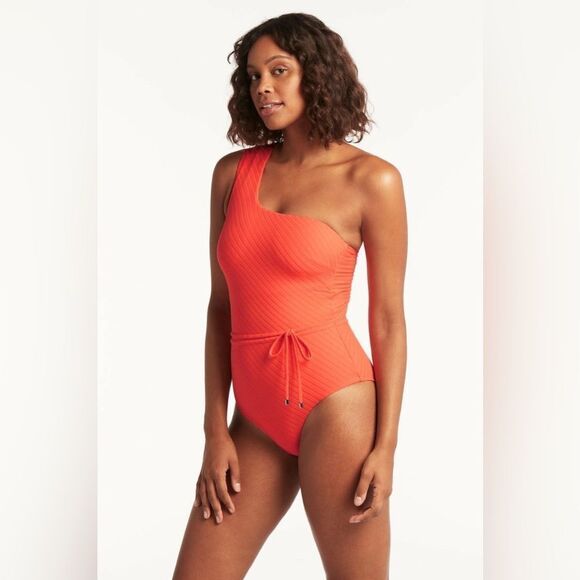 Sea Level Australia One Shoulder Vesper Wide Strap Diagonal One Piece Tangerine - Picture 14 of 14